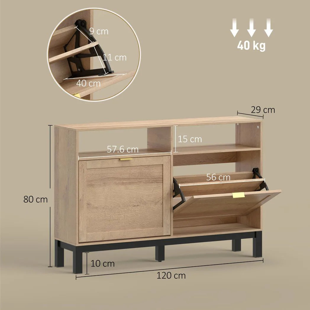HOMCOM Narrow Shoe Cabinet with 2 Flip-Down Drawers & Open Shelves, Walnut Brown