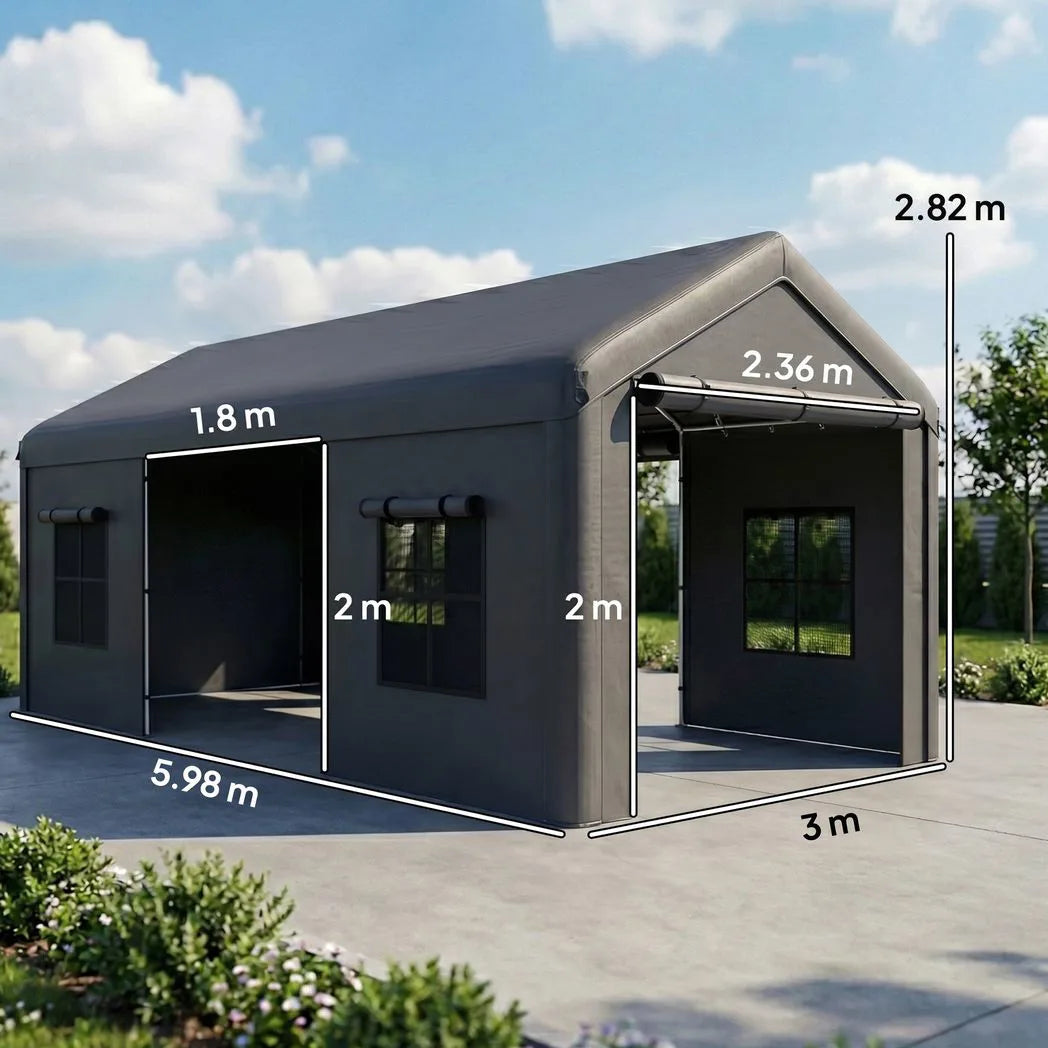 Outsunny Heavy Duty Carport 3 x 6 m – Portable Garage Canopy Tent with Galvanised Steel Frame, Doors & Windows, Dark Grey