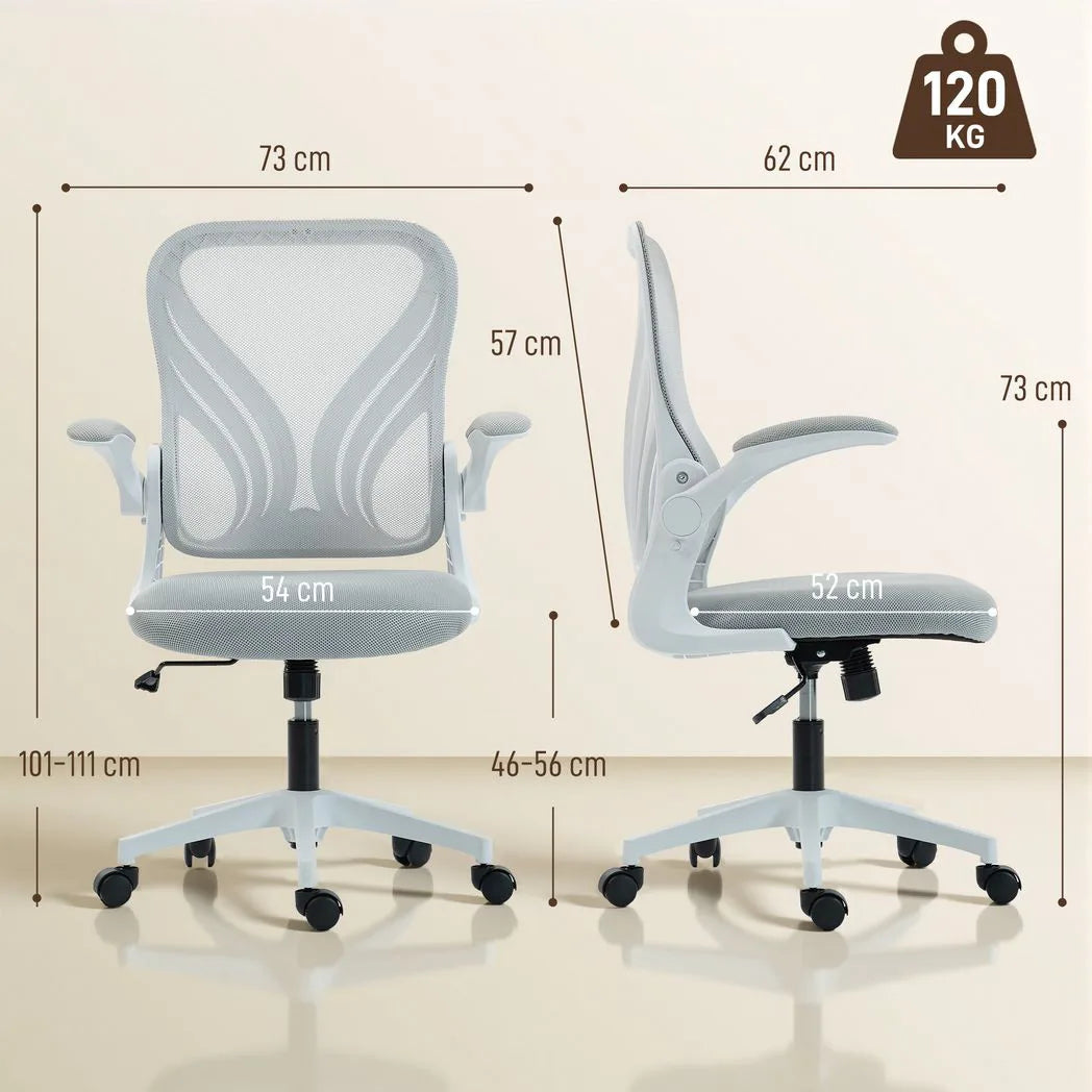 HOMCOM Mesh Office Chair with Foldable Backrest & Flip-Up Arms – Space-Saving Computer Desk Chair, Light Grey