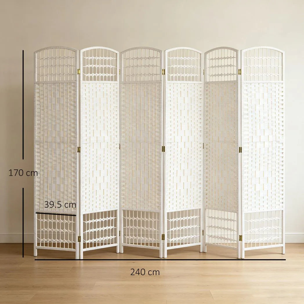 HOMCOM 6 Panel Folding Room Divider, Hand-Woven Paper Rope & Bamboo – Privacy Screen, White