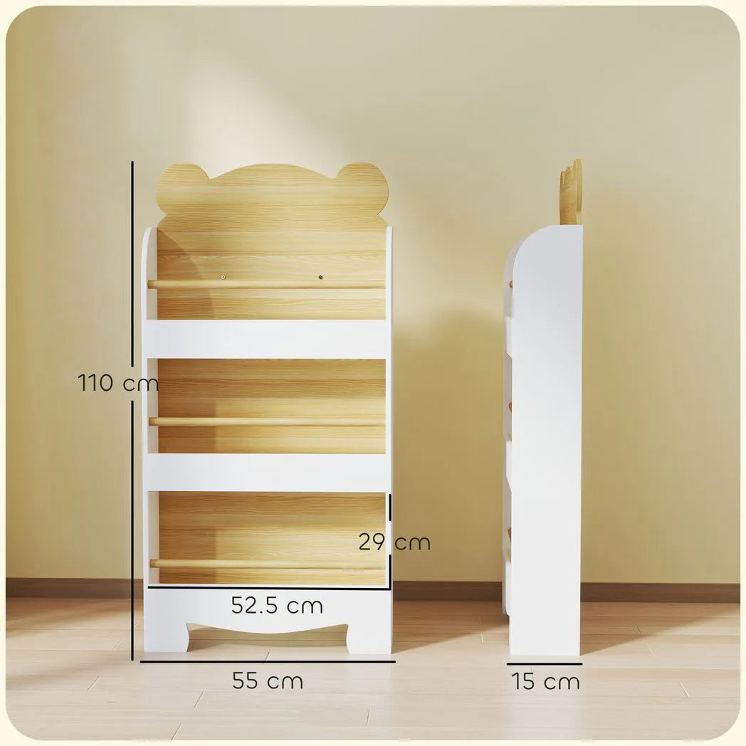 AIYAPLAY Kids 3-Tier Bookshelf with Bear Design, Anti-Tip Device and Guardrails – Children's Bookcase, White
