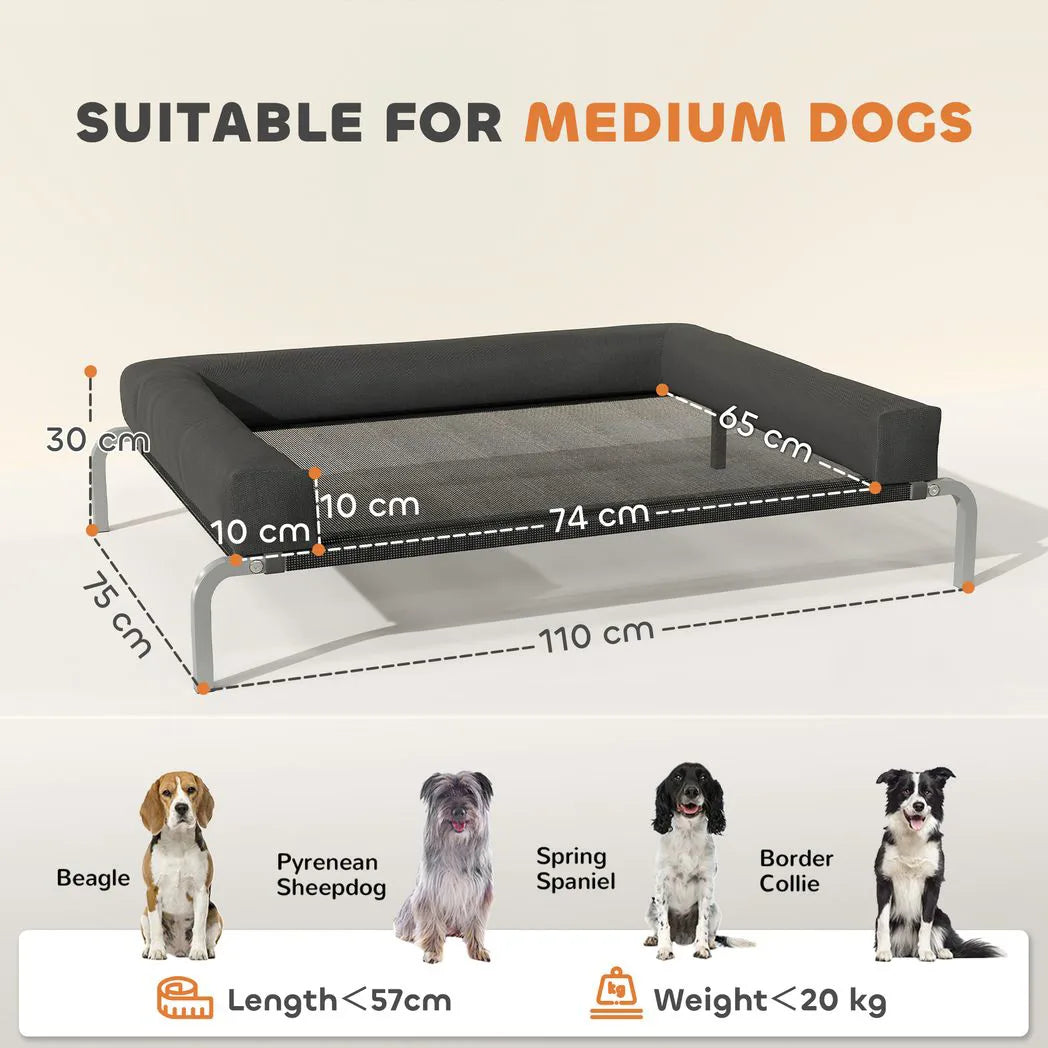 PawHut Elevated Dog Bed with Removable Bolsters – Raised Mesh Pet Cot for Medium Breeds, Indoor & Outdoor, Black