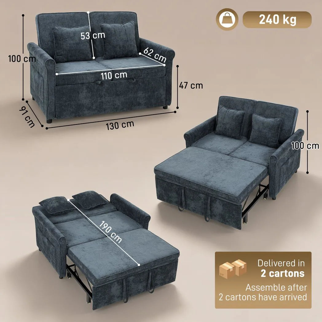 HOMCOM 2 Seater 3-in-1 Sofa Bed with 5-Position Adjustable Backrest – Pull Out Chenille Sleeper, Dark Blue