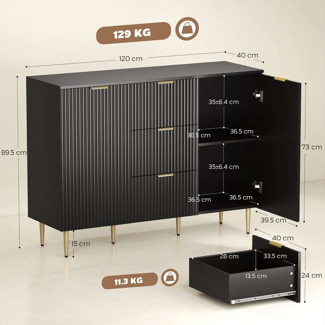 HOMCOM 120cm Sideboard with 2 Doors, 3 Drawers and Adjustable Shelves – Buffet Cabinet and TV Stand, Black
