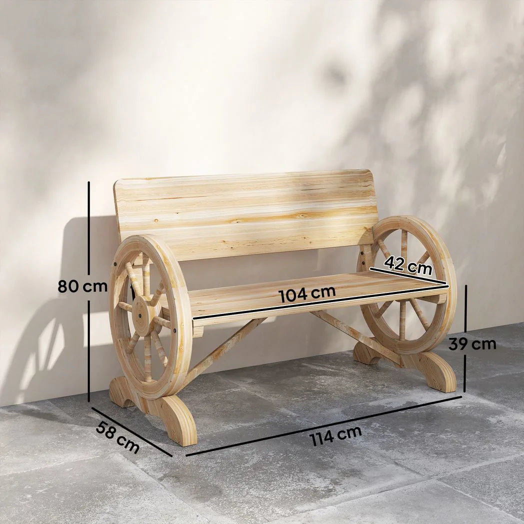 Outsunny 2-Seater Wagon Wheel Garden Bench, Fir Wood, Natural Finish