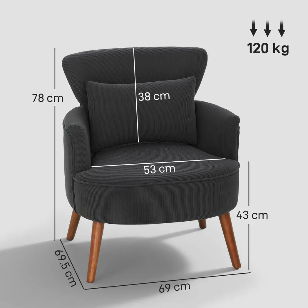 HOMCOM Corduroy Retro Accent Chair with Wing Back, Wood Frame and Cushion – Curved Armchair for Living Room, Black