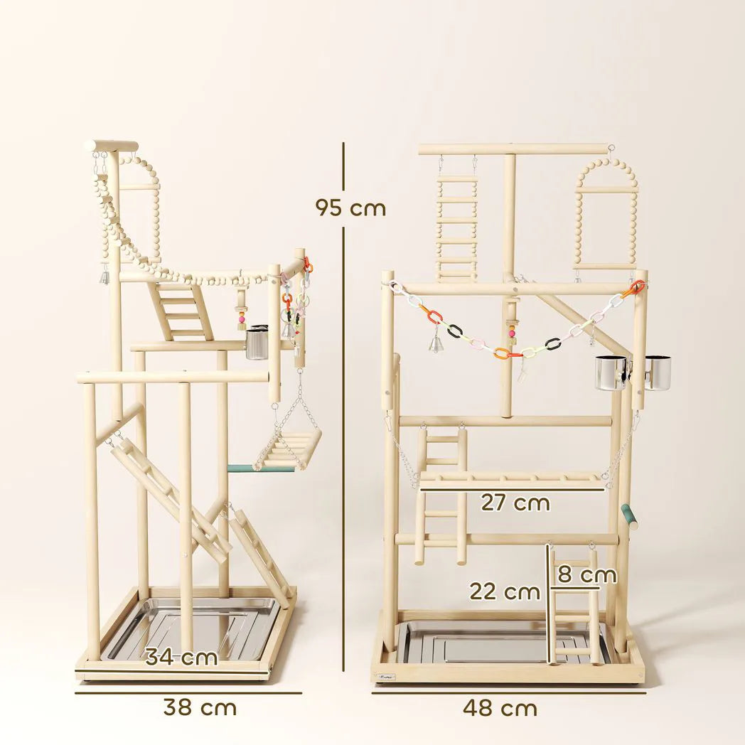 PawHut 95 cm Wooden Bird Playground with Ladders, Chain Toy and Steel Tray – Parrot Play Stand, Natural