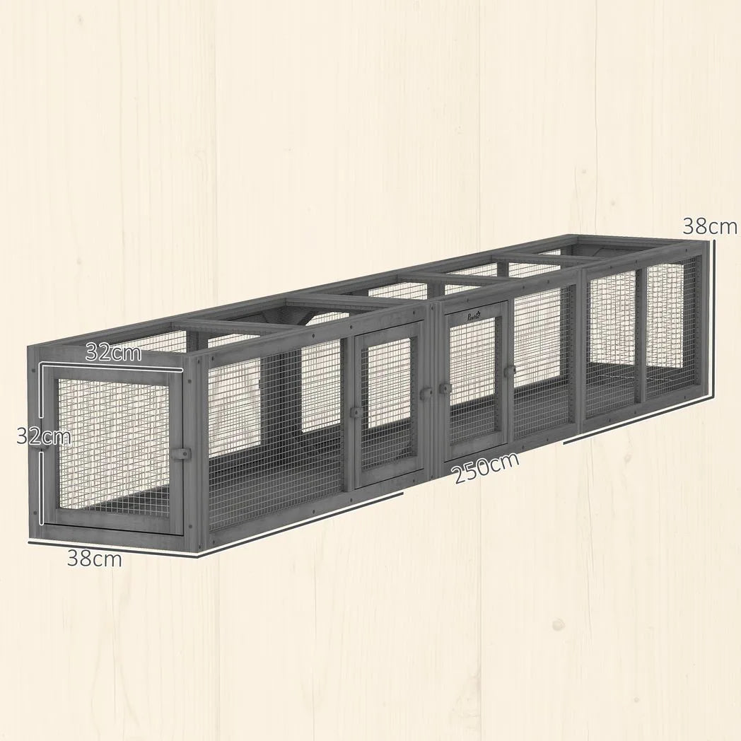 PawHut 250cm Extra Long Wooden Cat Tunnel with 8 Doors – L-Shape or Rectangle Outdoor Cat Enclosure, Dark Grey