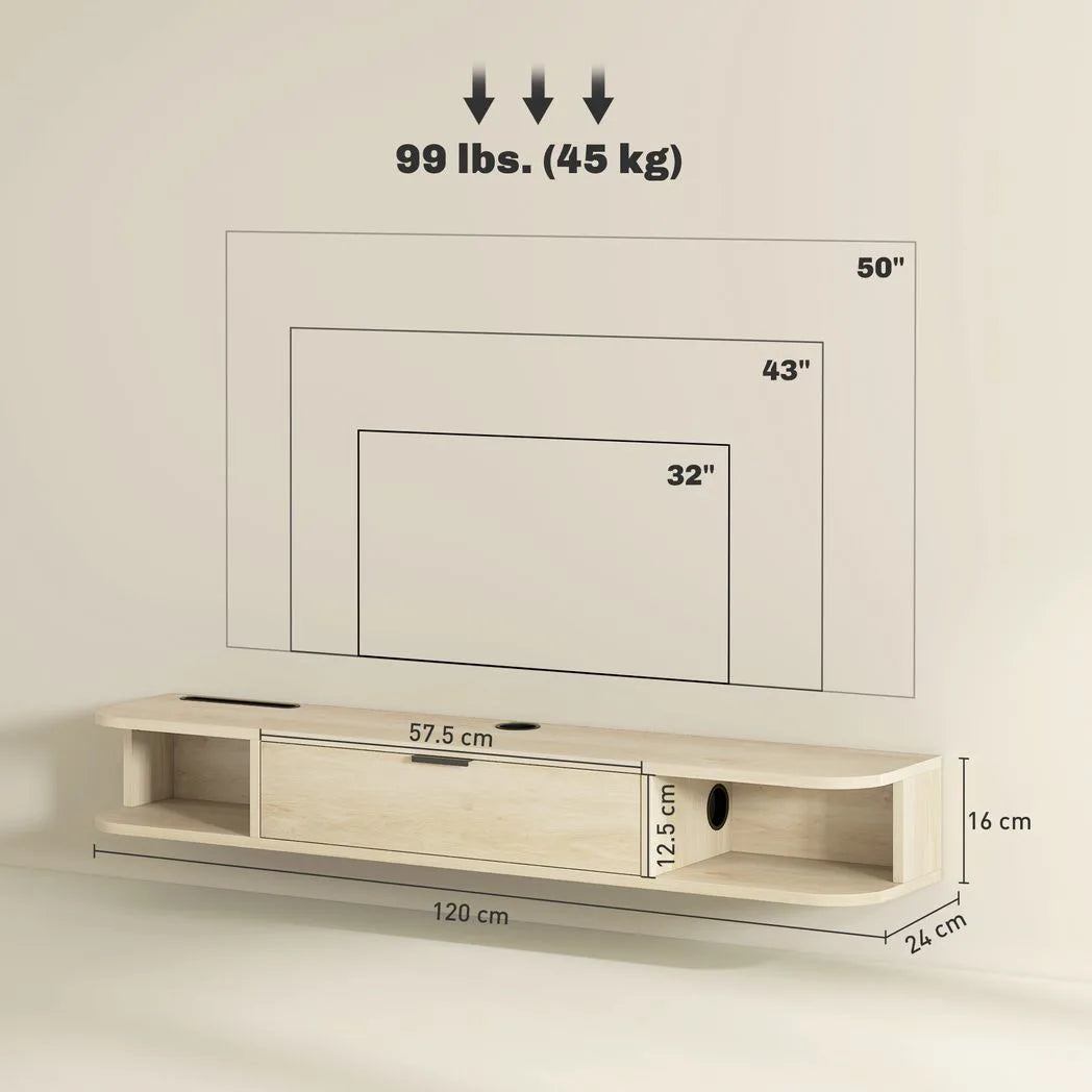 HOMCOM 120 cm Floating TV Unit with Flip Drawer & Cable Management – Wall Mounted for TVs up to 50 Inch, Natural