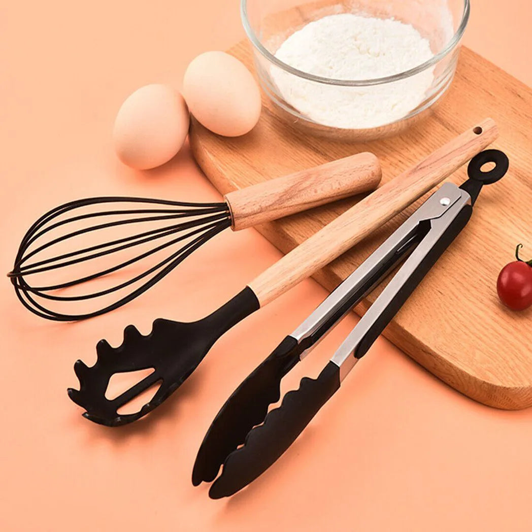 12 Piece Silicone Kitchen Utensil Set with Wooden Handles – Non-Stick Spatula, Ladle, Tongs & Whisk, Black