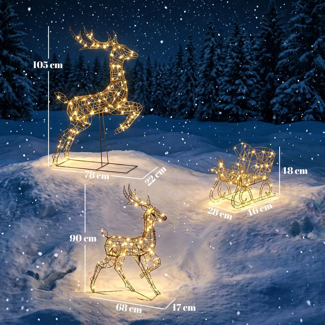 Outsunny Lighted Rattan Reindeer & Sleigh – 3 Piece