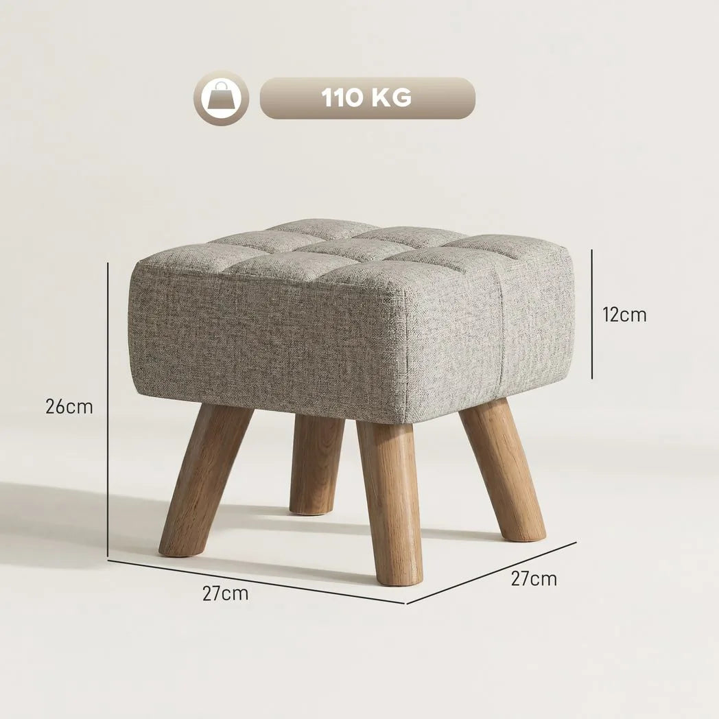 HOMCOM Linen-Look Square Padded Footstool with Wooden Legs – Leg Rest & Vanity Stool, Light Brown