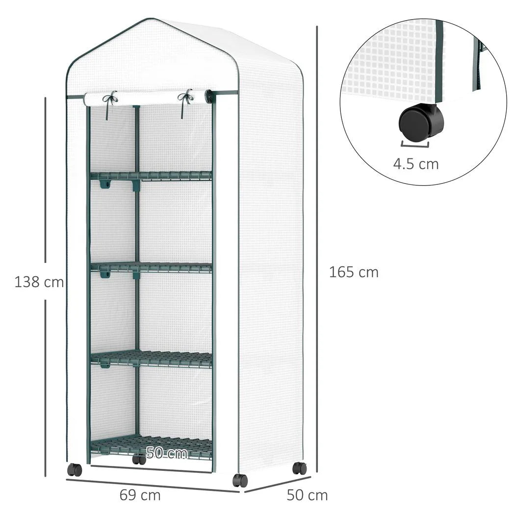 Outsunny 4 Tier Mini Portable Greenhouse with PE Cover & Lockable Wheels – Compact Plant Grow Shed, White