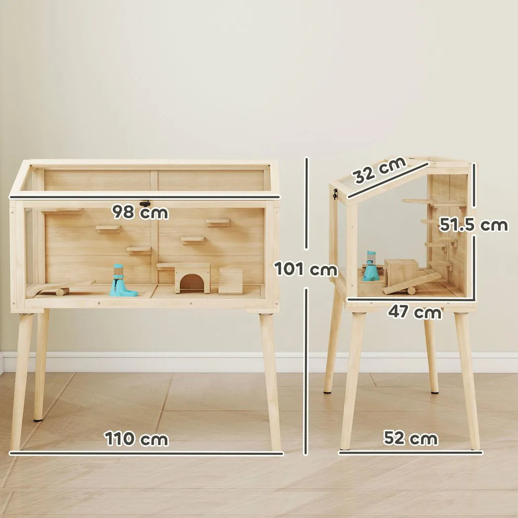 PawHut Wooden Hamster Cage with Openable Top, Seesaws and Water Bottle – Gerbil Habitat, 110 x 52 x 101 cm