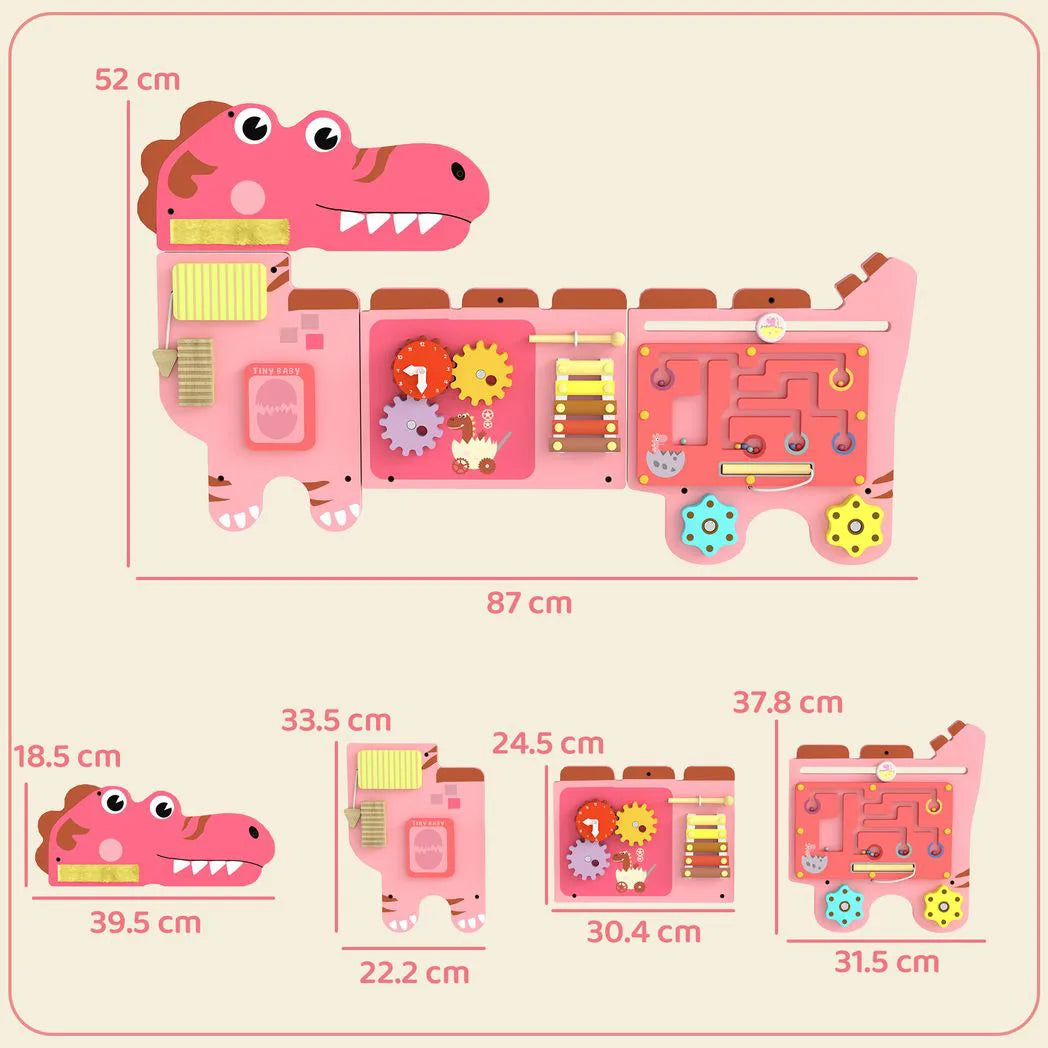 AIYAPLAY Wall-Mounted Montessori Busy Board with Xylophone – Dinosaur Toddler Learning Centre, Pink