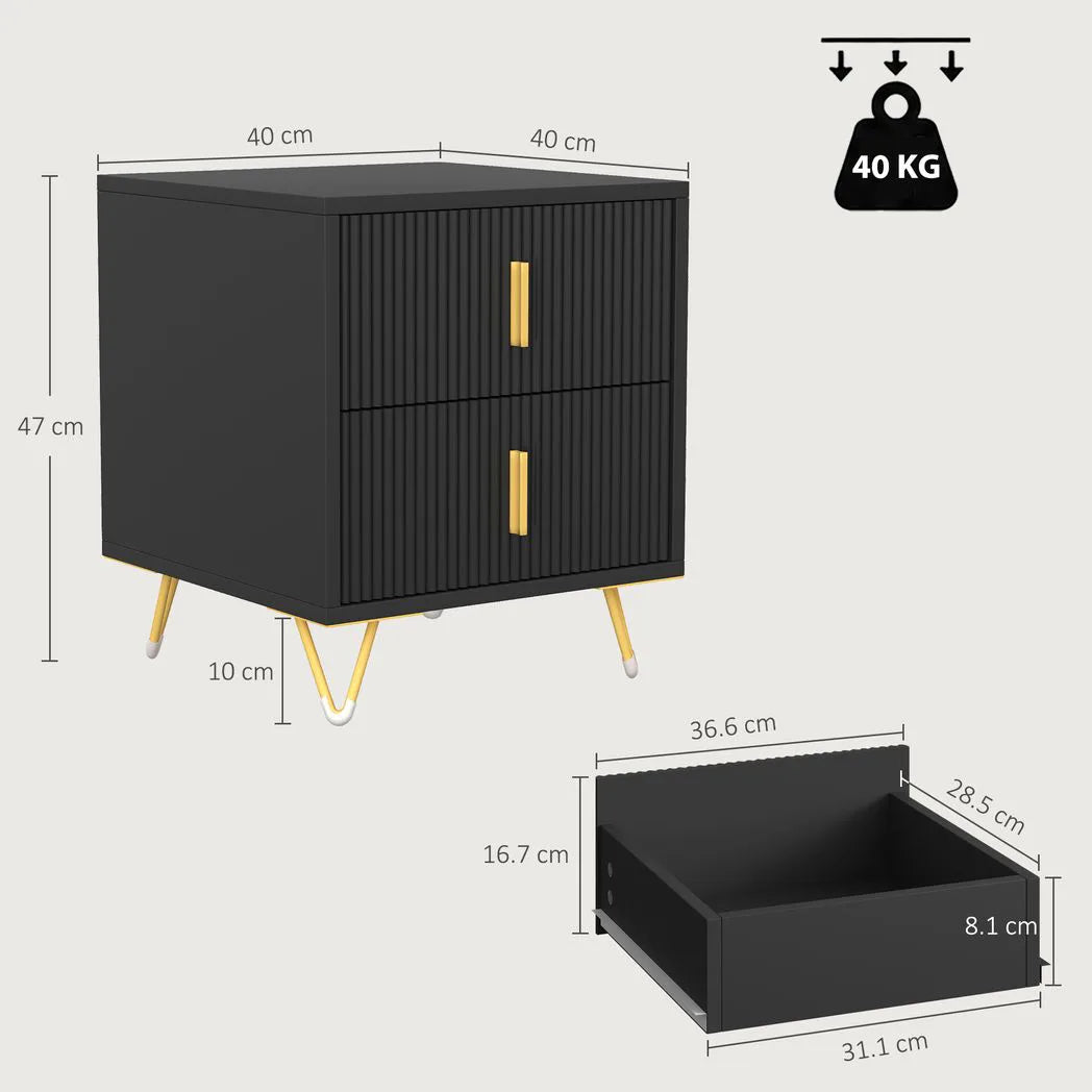 HOMCOM Fluted Bedside Table with 2 Drawers and Gold-Tone Handles, Compact Nightstand with Hairpin Legs – Black