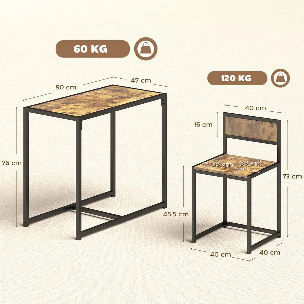 HOMCOM 3-Piece Table and Stool Set with Steel Frame – Space-Saving Dining Set for 2, Rustic Brown
