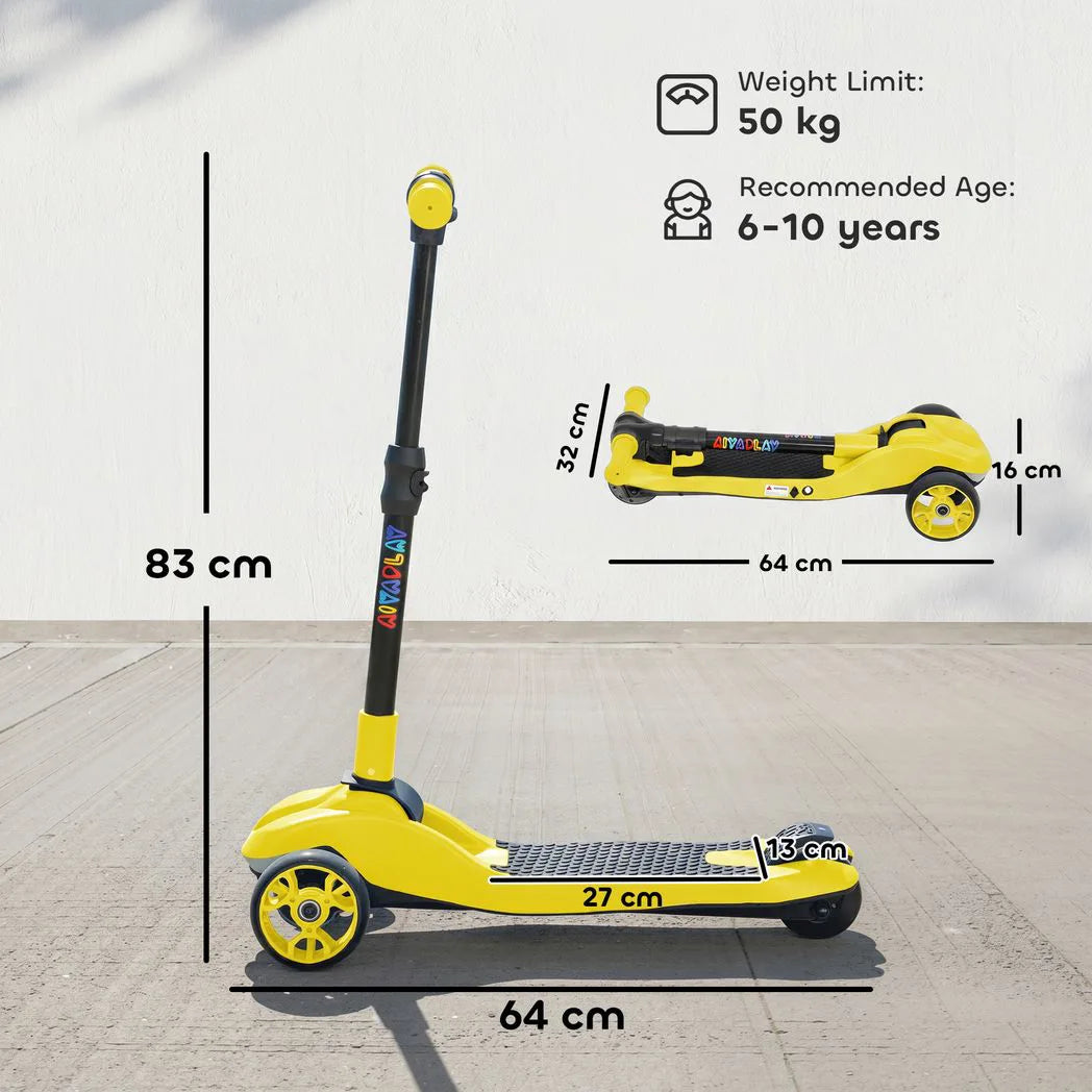 AIYAPLAY Foldable Three-Wheel Electric Scooter with LED Lights, Adjustable Handlebar – Kids Ages 6-10, Yellow