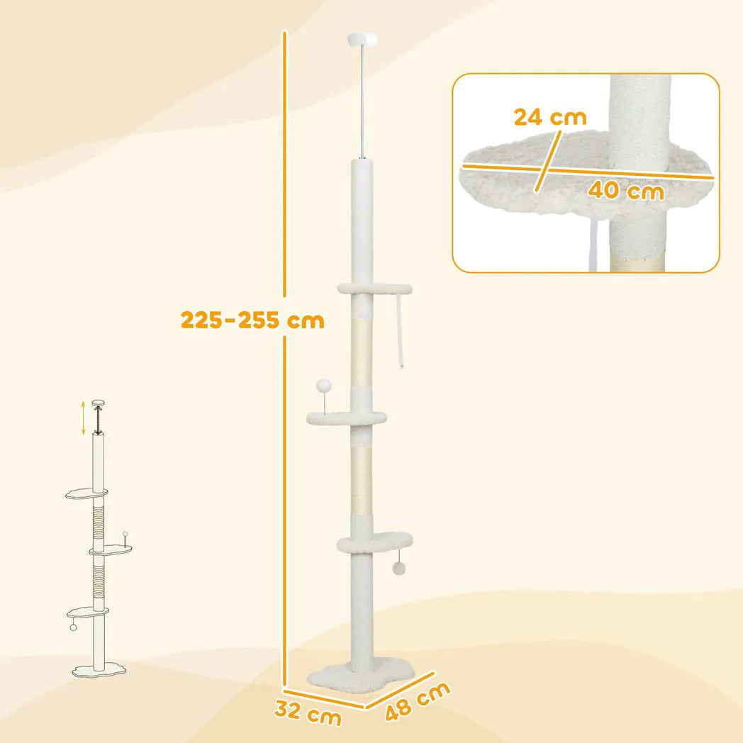 PawHut 225–255cm Adjustable Floor-to-Ceiling Cat Tree with Sisal Posts, Play Balls & Anti-Tip Strap, Beige