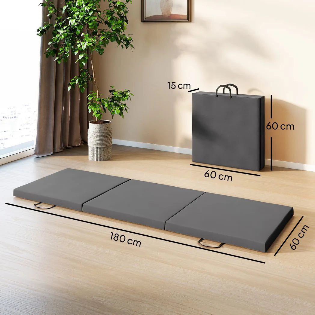 HOMCOM Tri-Fold Gymnastics Mat, 6ft Long & 5 cm Thick with Handles – Folding Exercise Crash Mat, Grey