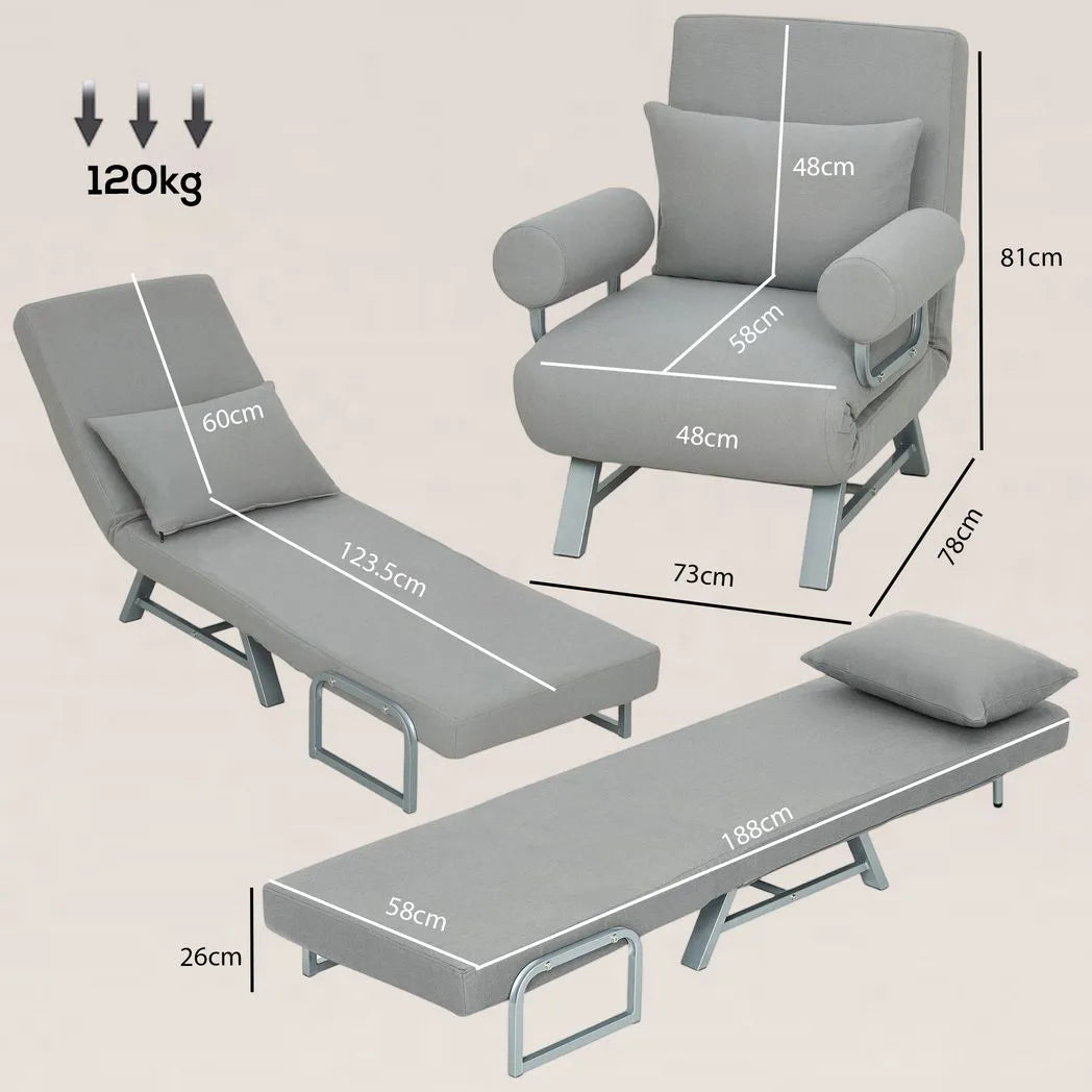HOMCOM 3-in-1 Single Sofa Bed, Convertible Folding Chair Bed with Adjustable Backrest – Light Grey