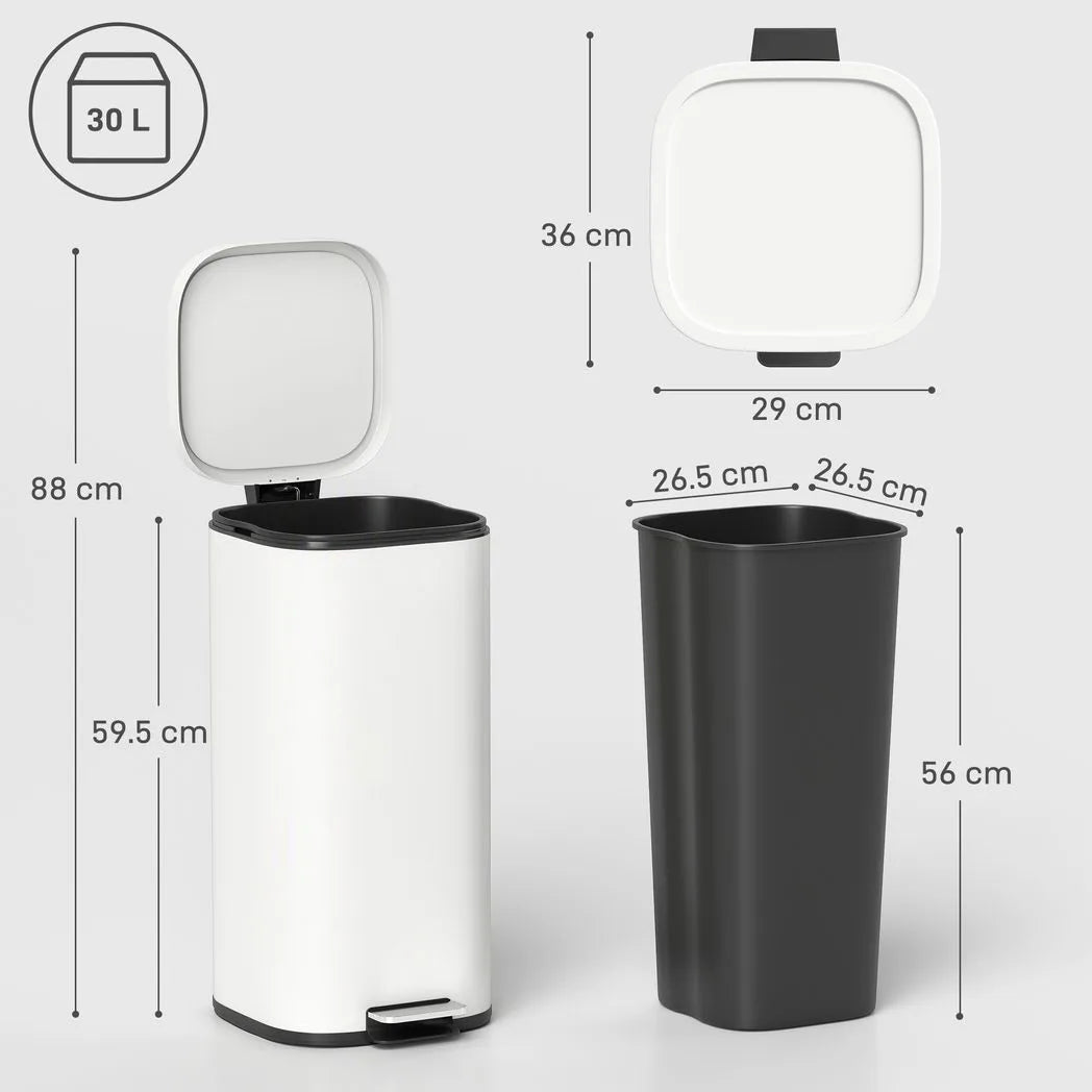 HOMCOM 30L Pedal Kitchen Bin with Soft-Close Lid and Removable Bucket – Compact Metal Rubbish Bin, Cream