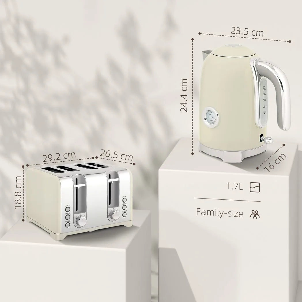 HOMCOM Retro Kettle and 4-Slice Toaster Set with Thermometer & Otter Thermostat – 1.7L 3000W, Grey