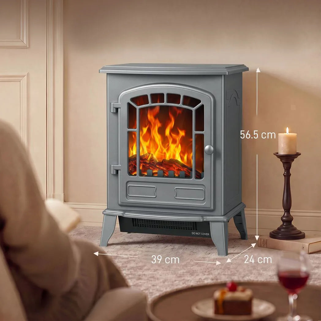 HOMCOM Electric Fireplace Stove, 1000W/2000W Freestanding Fire with LED Flame and Thermostat – Grey