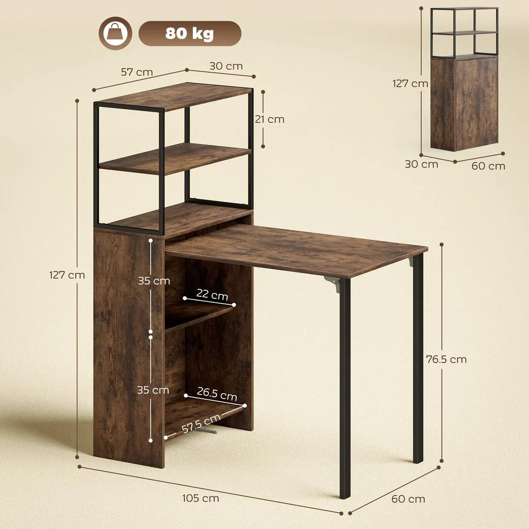 HOMCOM Folding Shelf and Work Table with 4-Tier Shelving and Steel Frame – Space-Saving Home Office Desk