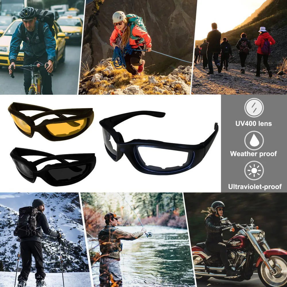 3 Pack Motorcycle Riding Glasses – Padded, Wind Resistant, UV400 Polycarbonate Lenses, Grey, Clear and Yellow
