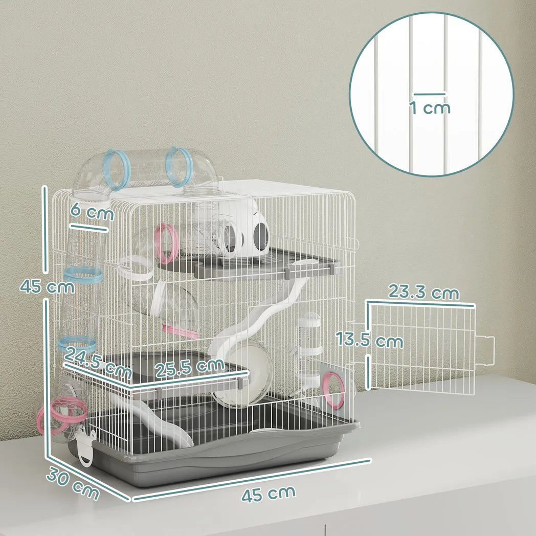 PawHut 3-Tier Hamster Cage with Exercise Wheel, Tunnels and Water Bottle – Habitat for Dwarf Hamsters, Grey
