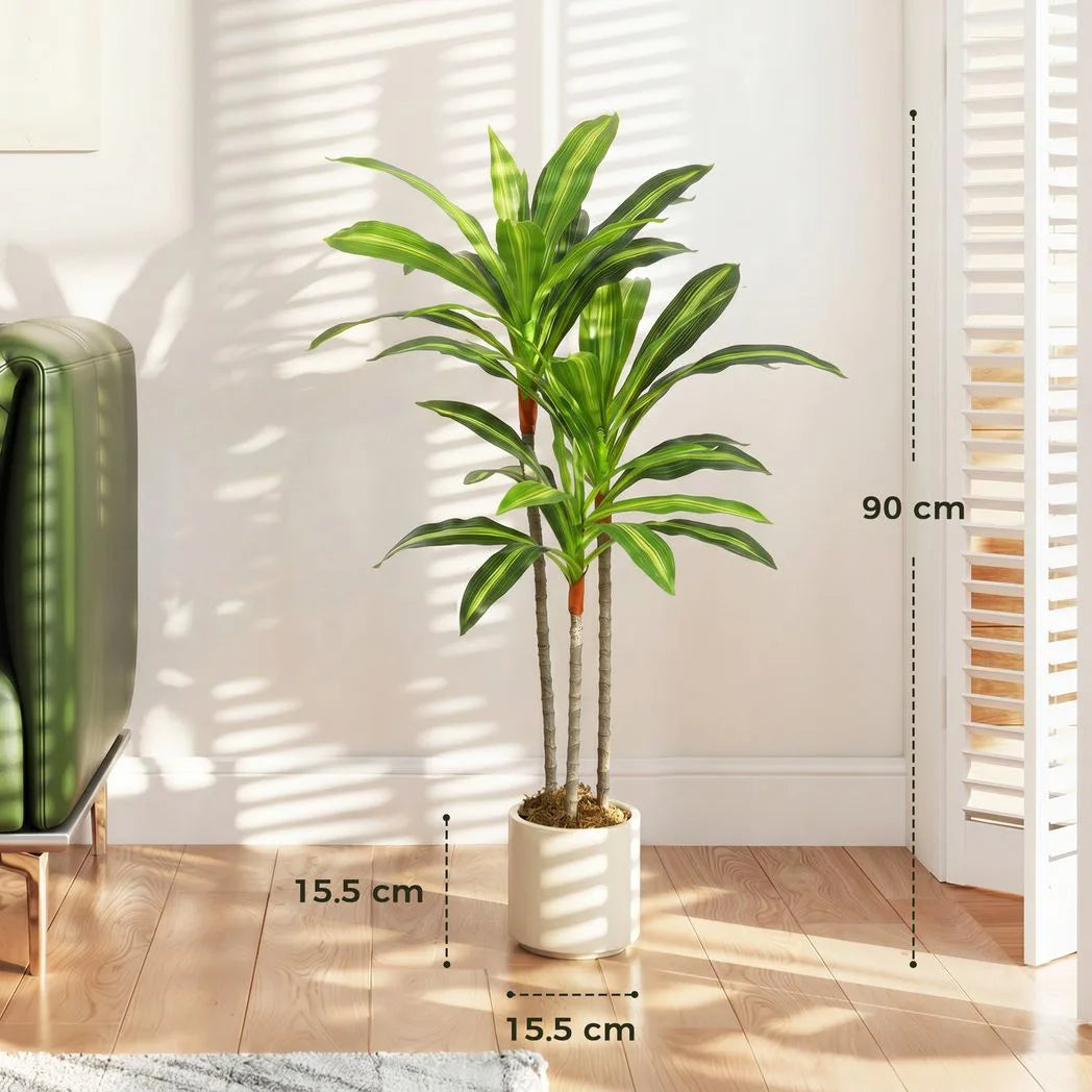HOMCOM 90cm Artificial Dracaena Tree with Bendable Trunks – Lifelike Faux Plant in White Pot, Green