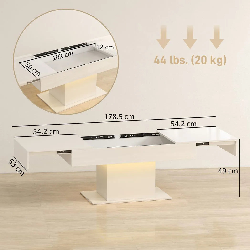 HOMCOM Extendable Coffee Table with LED Lights and Hidden Storage, 108–178.5cm – Living Room Table, High Gloss White