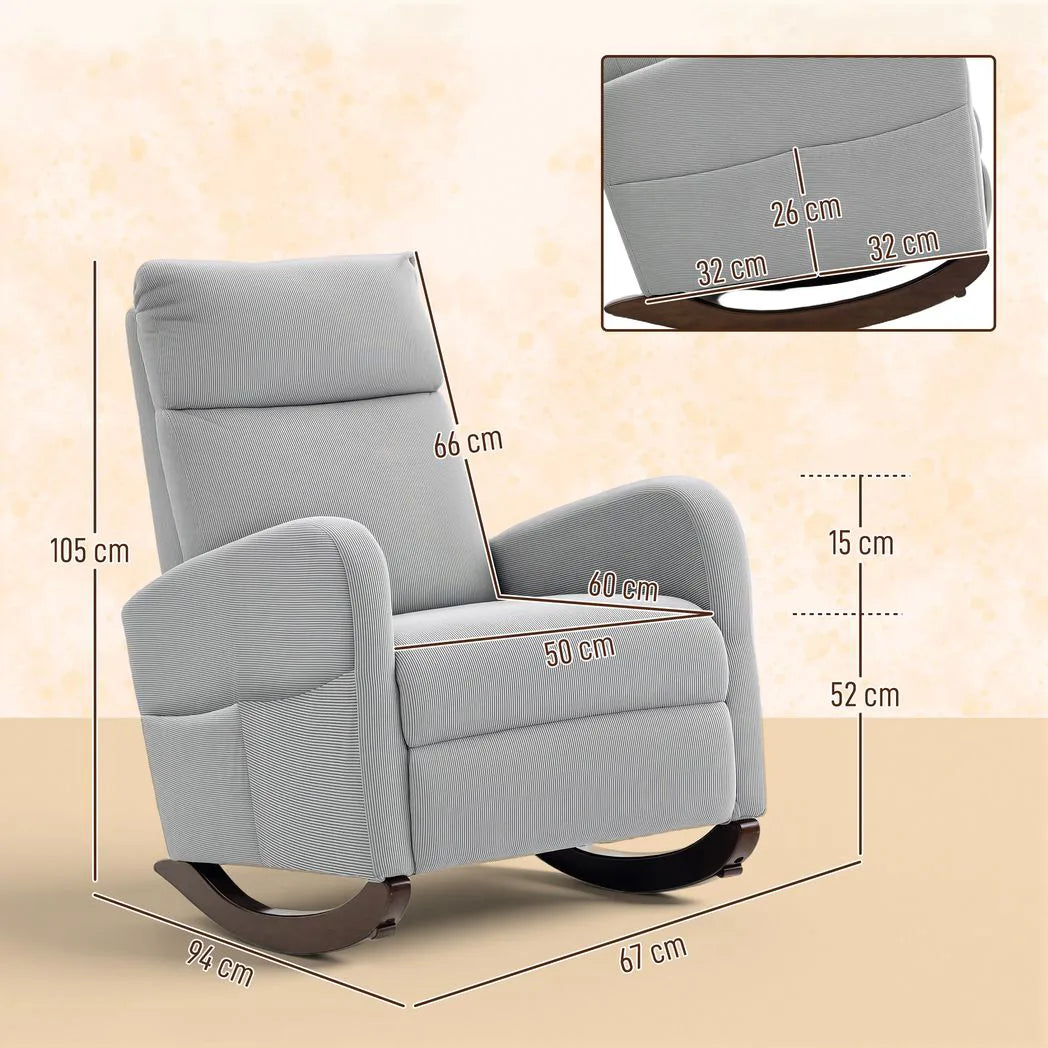 HOMCOM Corduroy Rocking Armchair with Thick Padding and Side Pockets – Relaxing Living Room Chair, Grey