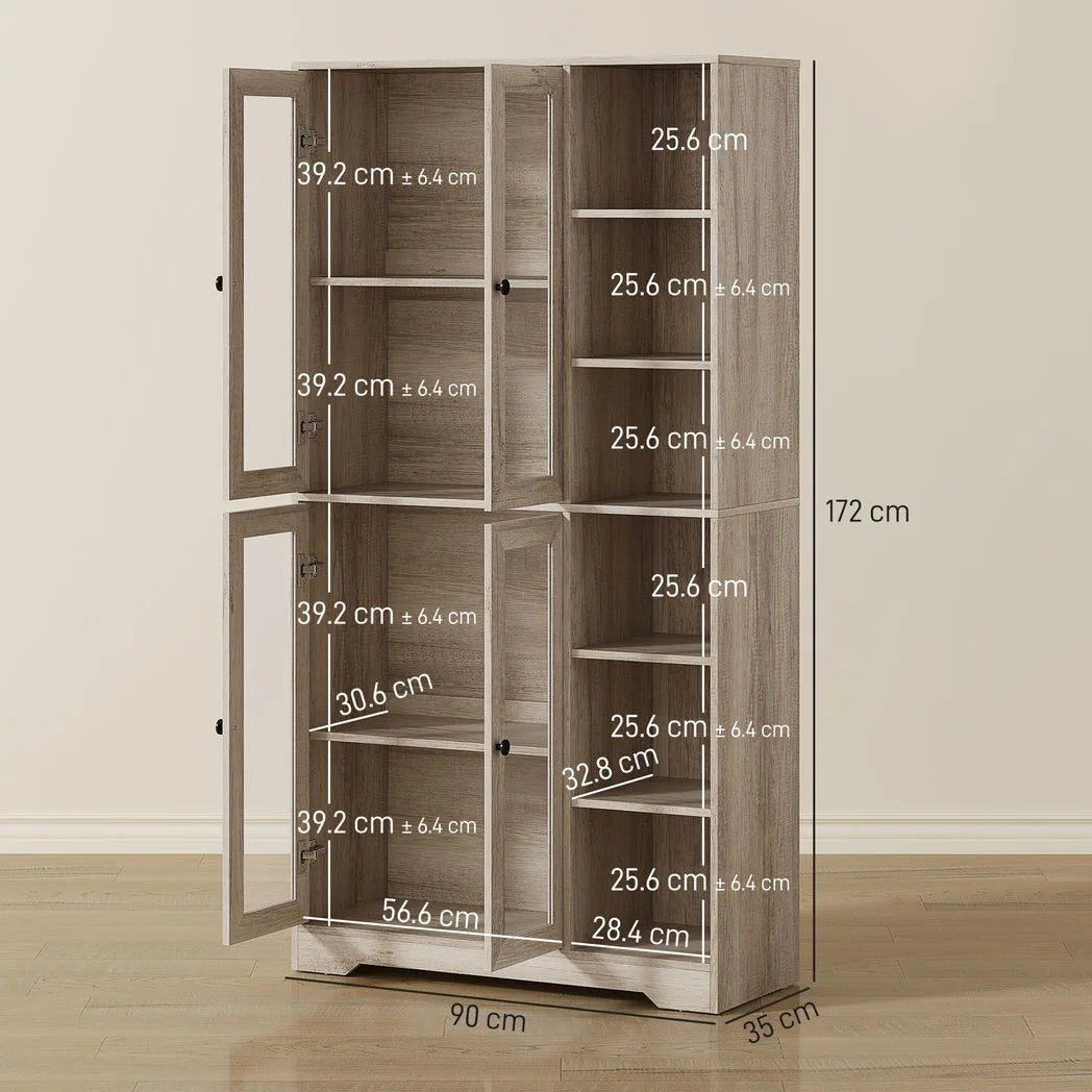 HOMCOM Multi-Storage Kitchen Cabinet with Glass Doors, Soft-Close Hinges and Adjustable Shelves – Grey Wood-Effect