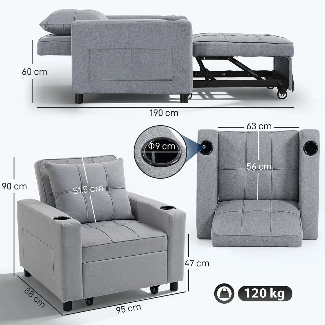 HOMCOM 3-in-1 Convertible Single Sofa Bed with Pillow and Cup Holders – Sleeper Chair Bed, Light Grey