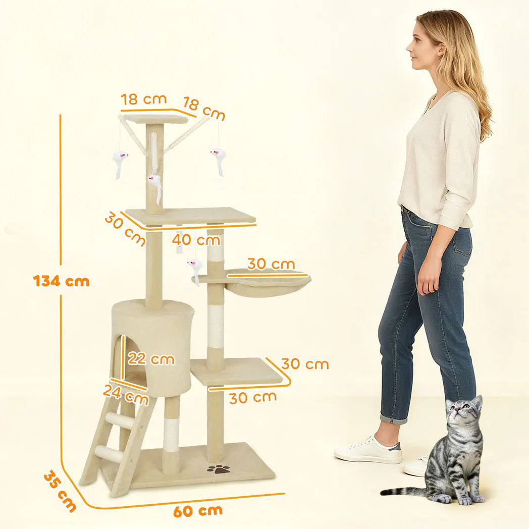 PawHut 134cm Multi-Level Cat Tower with Condo and Sisal Scratching Posts – Indoor Cat Tree, Beige