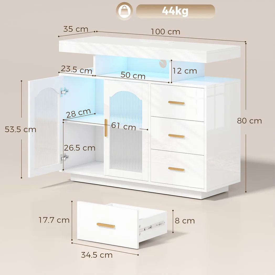 HOMCOM High Gloss Sideboard with RGB LED Lights, Power Outlets, 3 Drawers and Acrylic Doors, White