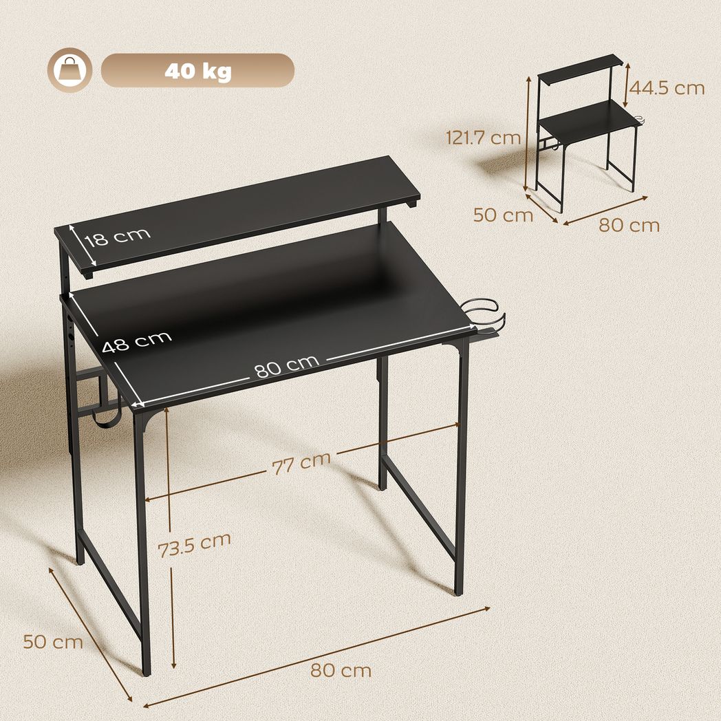 HOMCOM Computer Desk, 80cm Home Office Study Table with Hutch Shelf, Cup Holder & Headphone Hook – Black