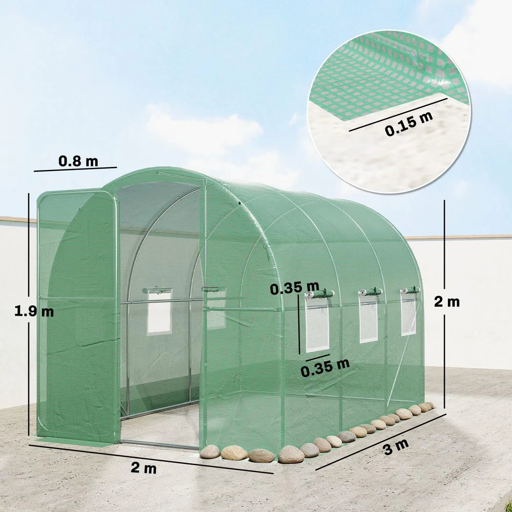 Outsunny 2 x 3m Walk-In Polytunnel Greenhouse with Hinged Door and 6 Roll-Up Windows – Garden Tunnel, Green