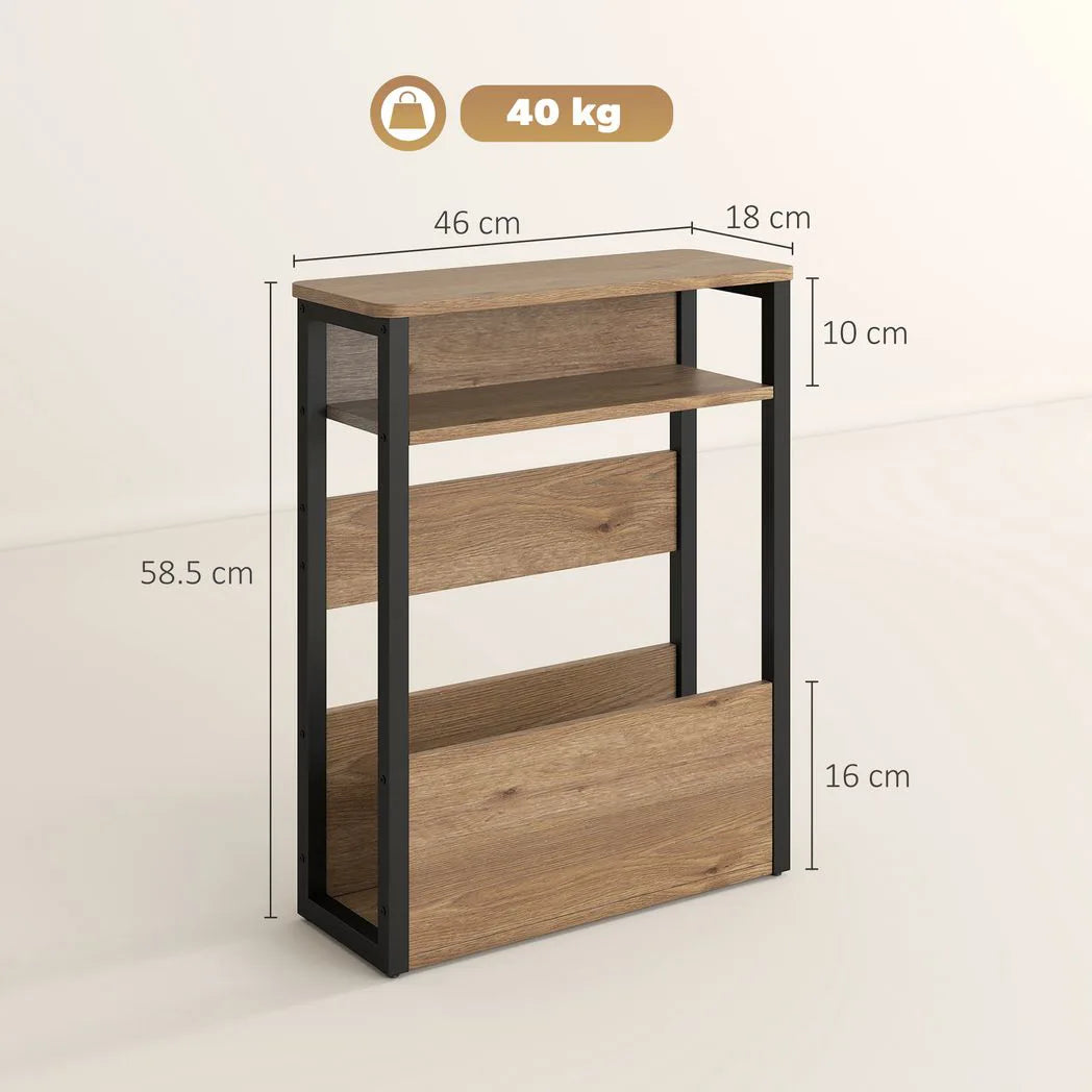 HOMCOM Industrial-Style Side Table with 2 Shelves and Metal Frame – Narrow Hallway & Bedroom Storage, Black and Walnut Brown