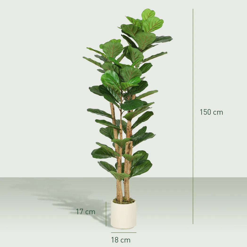 HOMCOM 150cm Artificial Fiddle Leaf Fig Tree with Pot – Realistic Faux Plant for Living Room & Office, Green