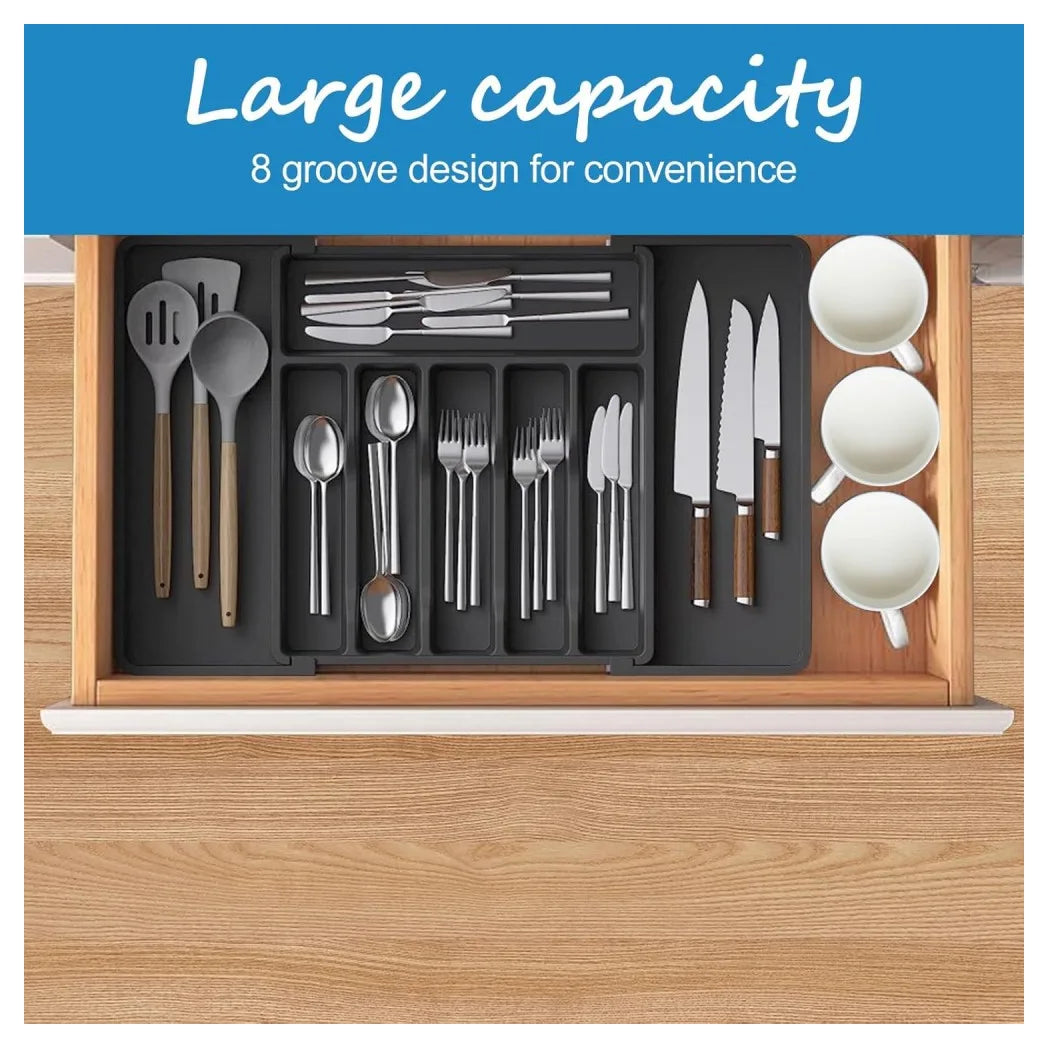 Extendable Cutlery Tray, Large Kitchen Drawer Organiser with 8 Compartments, 30–57 cm Wide