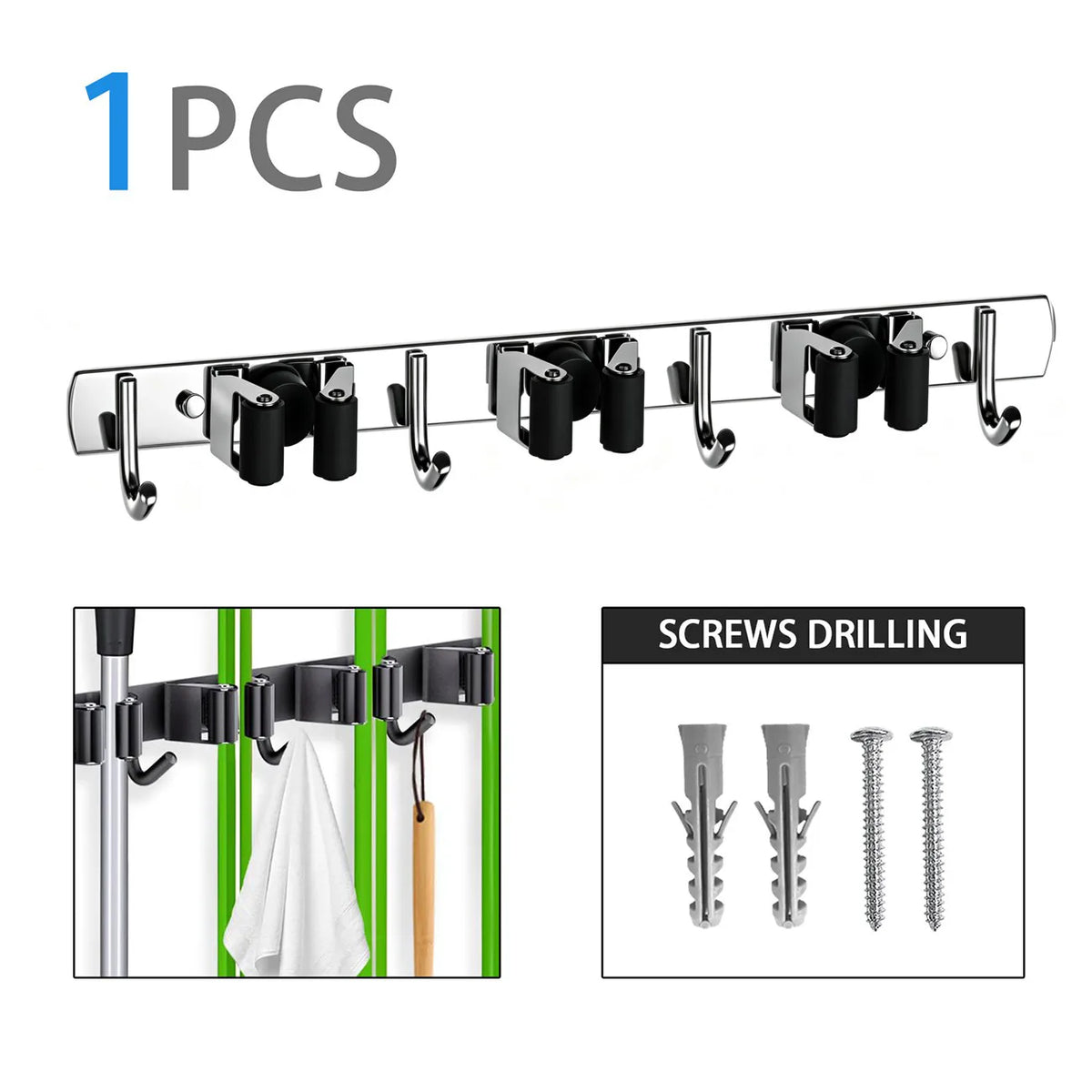 15 Inch Wall Mount Broom and Mop Holder, 3 Racks and 4 Hooks – Stainless Steel Garage Organiser