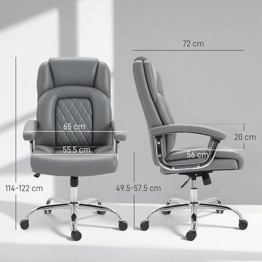 HOMCOM Big and Tall Office Chair with Spring Cushion, 180kg Capacity – Padded Headrest PU Leather Desk Chair, Grey