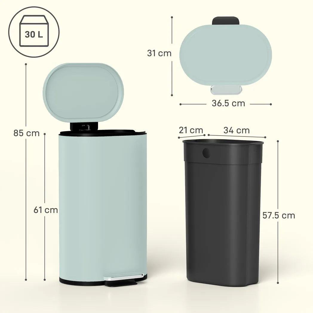 HOMCOM 30L Pedal Kitchen Bin with Soft-Close Lid & Removable Bucket – Curved Modern Design, Green