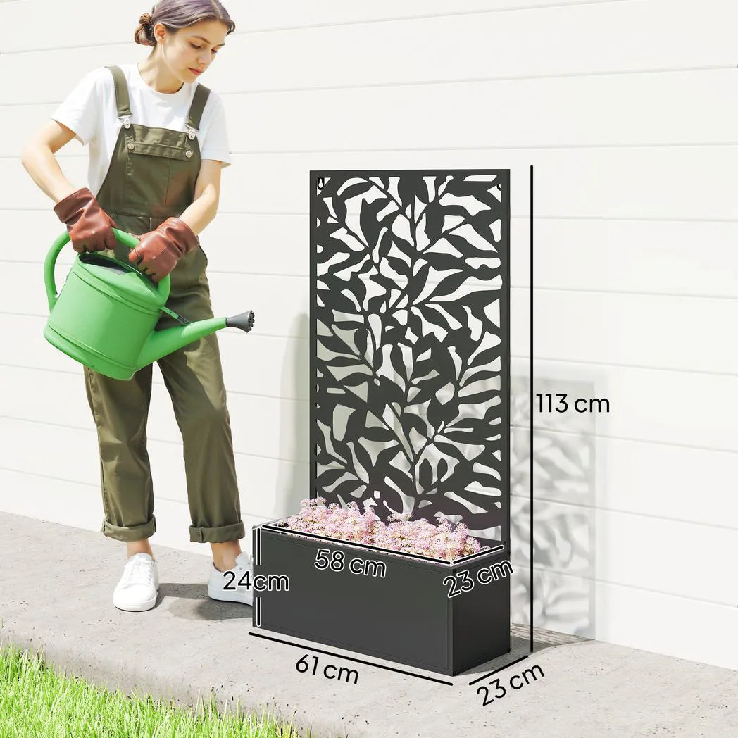 Outsunny Metal Raised Garden Bed with Trellis and Privacy Panel – Wall-Mounted or Freestanding Planter, Black