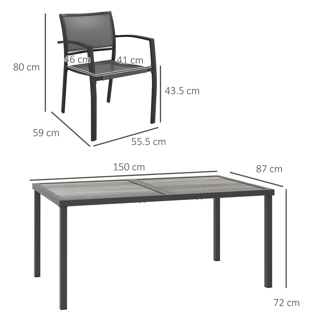 Outsunny Five-Piece Outdoor Dining Set with Wood-Effect Table and 4 Stackable Chairs – Garden Furniture, Grey