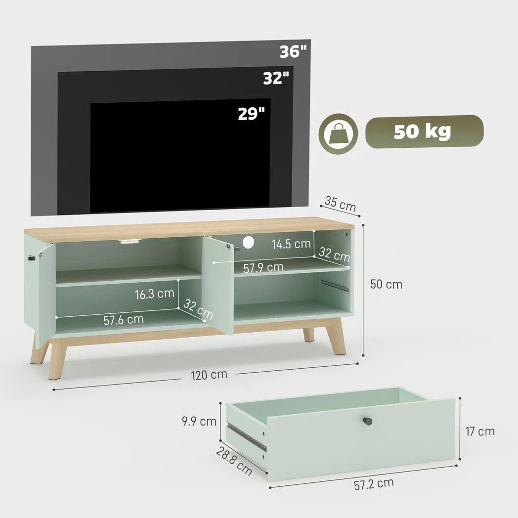 HOMCOM TV Stand for TVs up to 36 Inch with 2 Doors, Drawer and Adjustable Shelf – Mid-Century Media Unit, Light Green