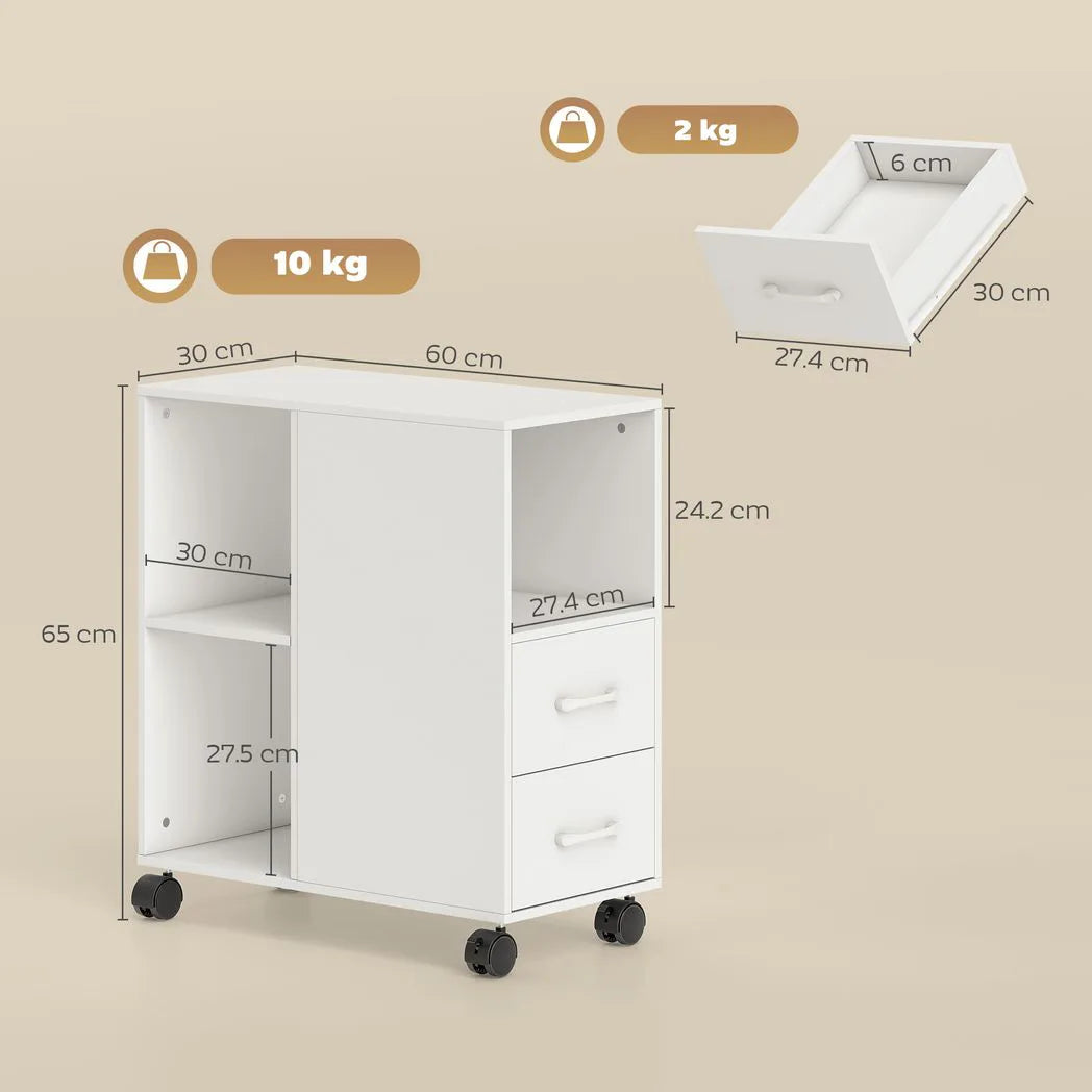 HOMCOM Narrow Mobile Printer Table with Wheels and Drawers, 30 x 60 x 65 cm – Home Office Stand, White